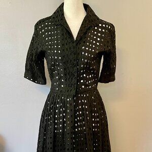 Vintage 1950s Black Cotton Eyelet Dress